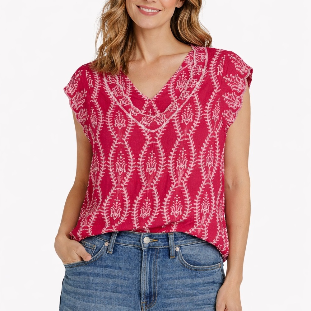 Solitaire Red And White Patterned Blouse - image 1